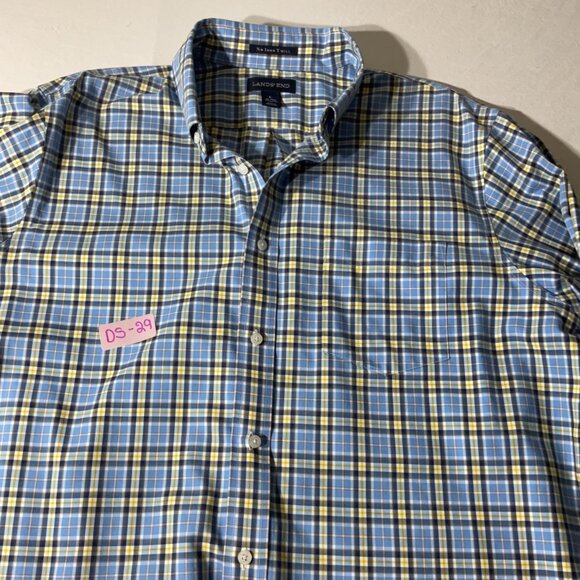 Lands End Mens No Iron Twill Plaid Button-Down Shirt Blue Yellow Size L - Picture 7 of 7